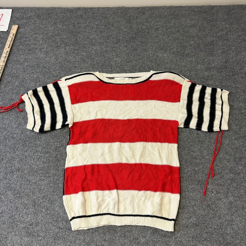 Marisa Christina Sweater Womens Size M Red White Black Striped Short Sleeve Knit